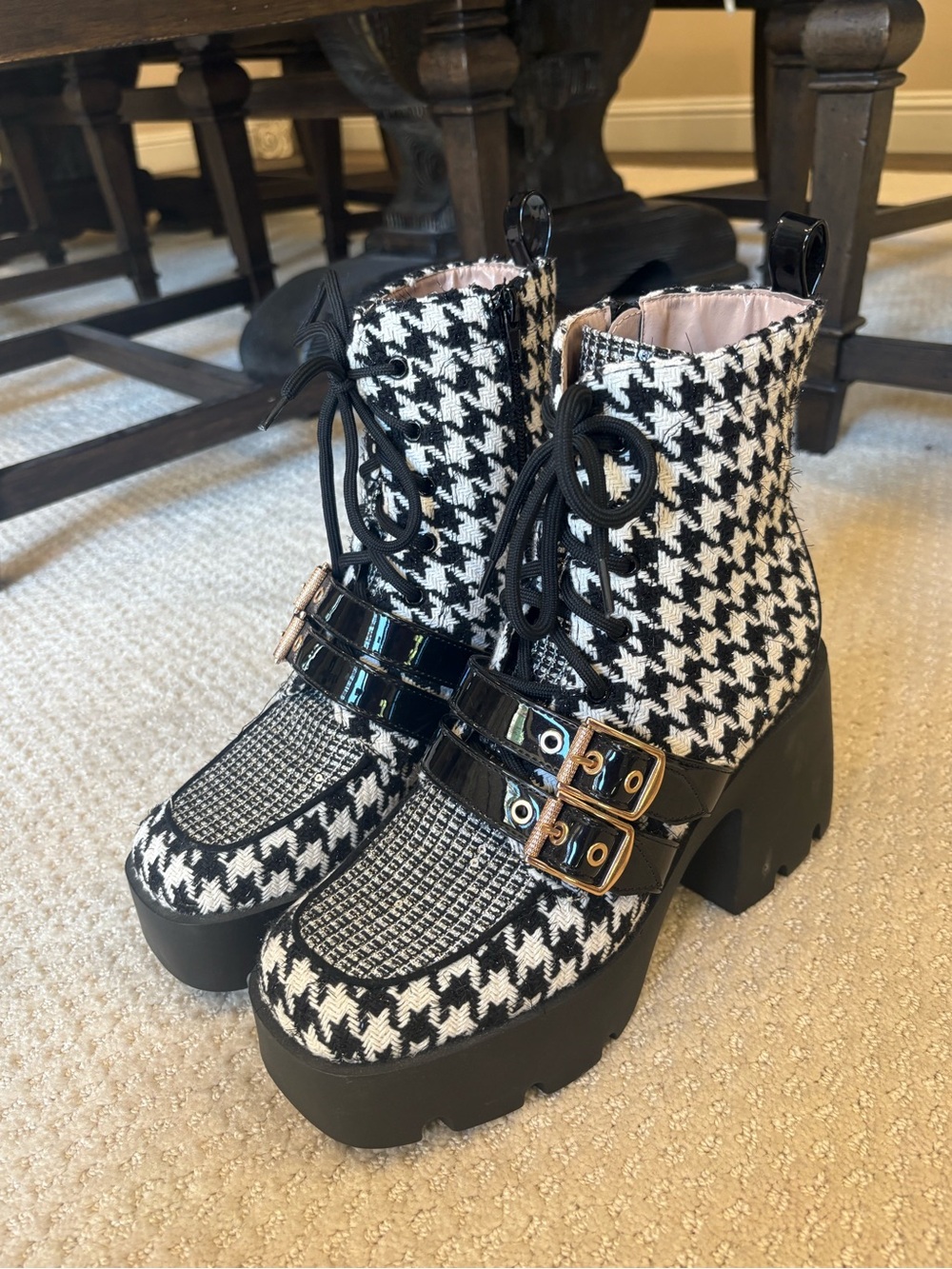 Betsey Johnson Black & White Houndstooth Platform Lace-Up Buckle Boots